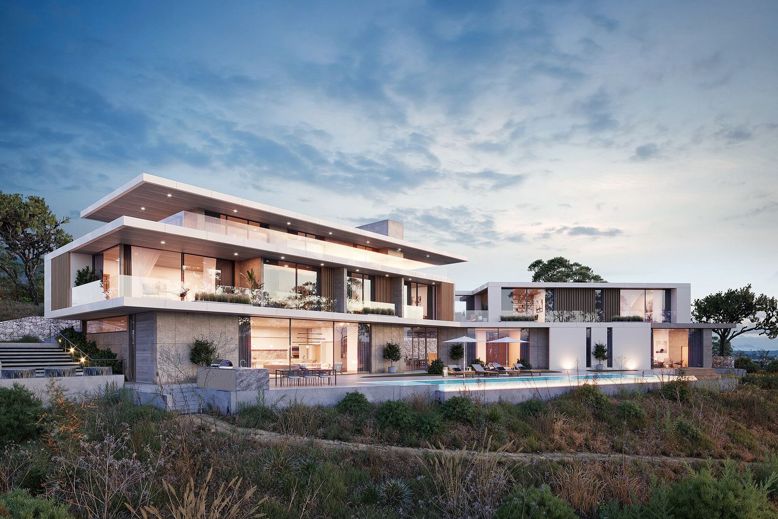 Representative image: a modern villa with a pool at dusk